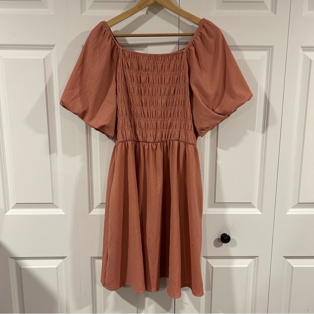 LuLaRoe Dusty Coral Smocked Puff Sleeve Boho Cottagecore Dress Size L Easter